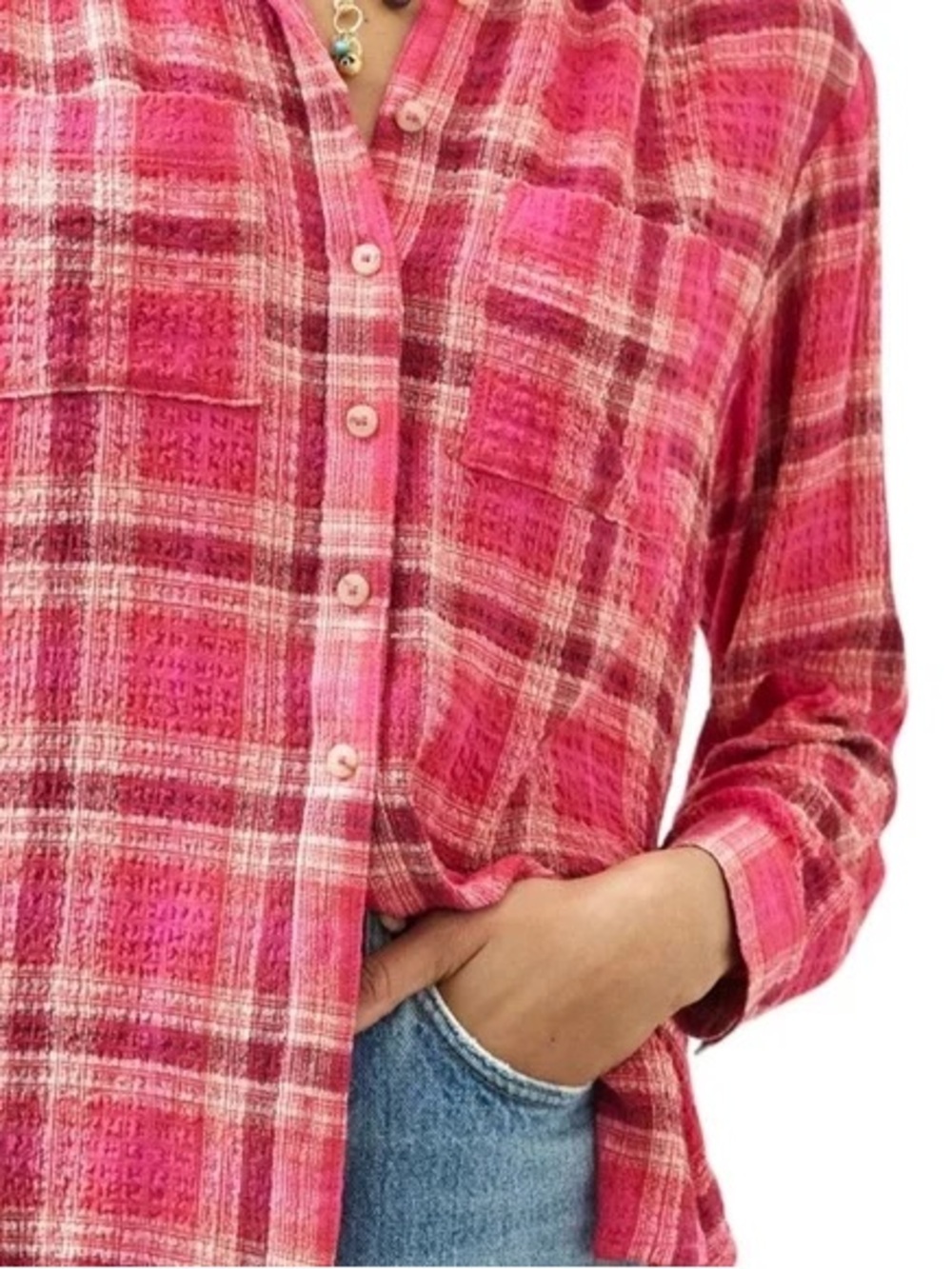 Anthropologie Pilcro Seamed Plaid Oversized Button Down Top Medium Pink Size S